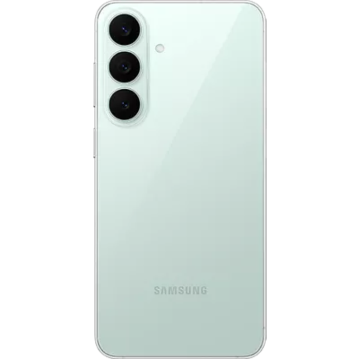 Samsung 5G smartphone in pistachio, back view with triple rear camera lenses