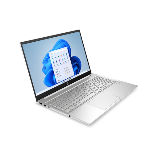White HP Pavilion 15.6-inch laptop, angled view with keyboard and screen on