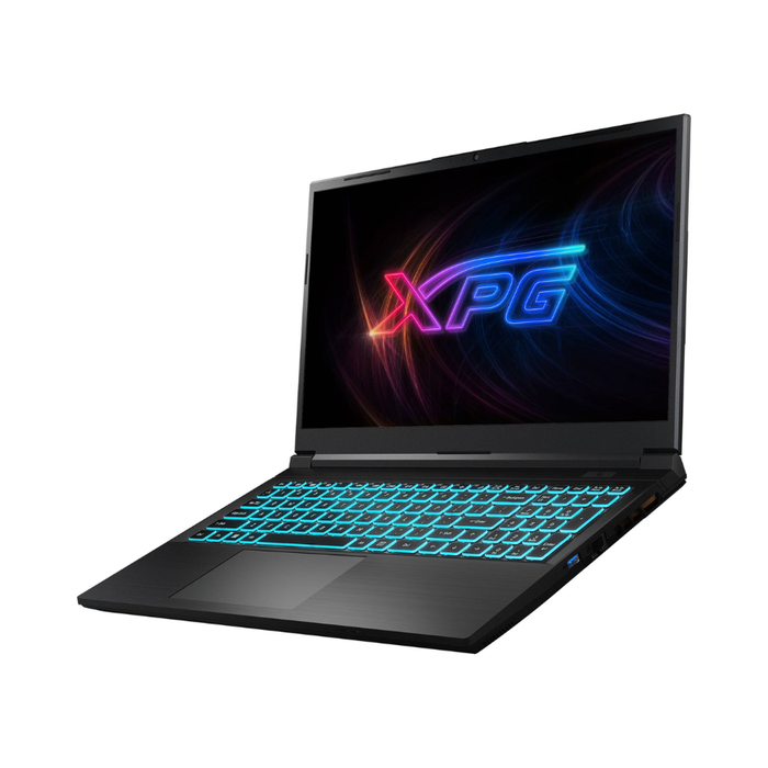 Black gaming laptop with RGB backlit keyboard, open lid, and XPG logo display