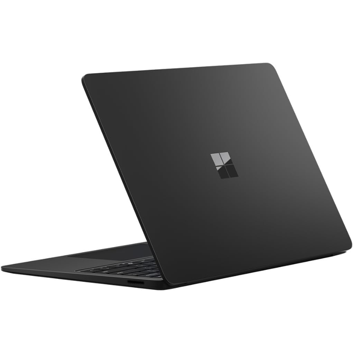 Black Microsoft Surface Laptop 13.8" back of lid with Microsoft logo, angled open.