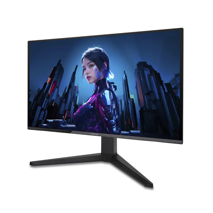 Black gaming monitor with three-prong stand, front view from side.