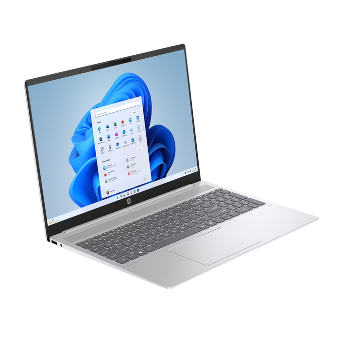 Glacier Silver HP OmniBook 5 laptop angled view with 16-inch touchscreen and keyboard