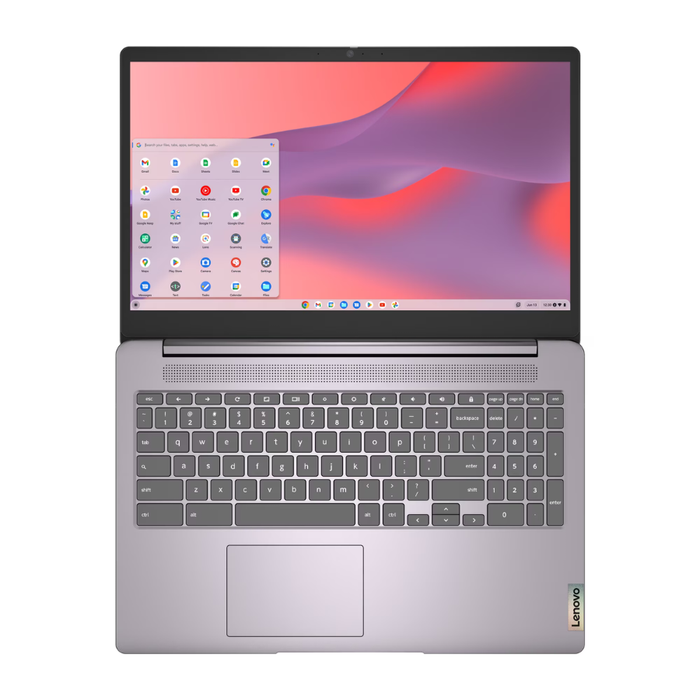 Arctic gray Lenovo Chromebook laptop front view, full keyboard and trackpad area