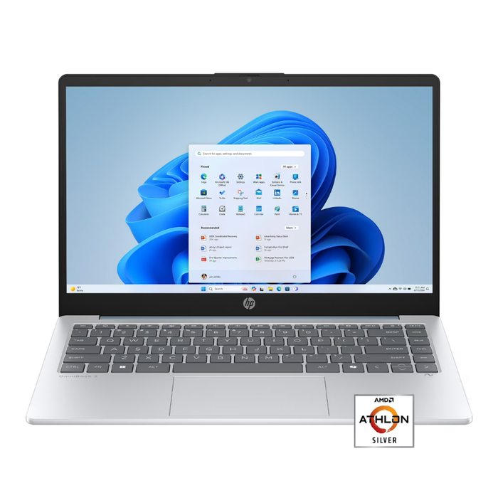 HP 14z-em000 laptop, 128GB/4GB RAM, AMD Athlon, silver base, keyboard view