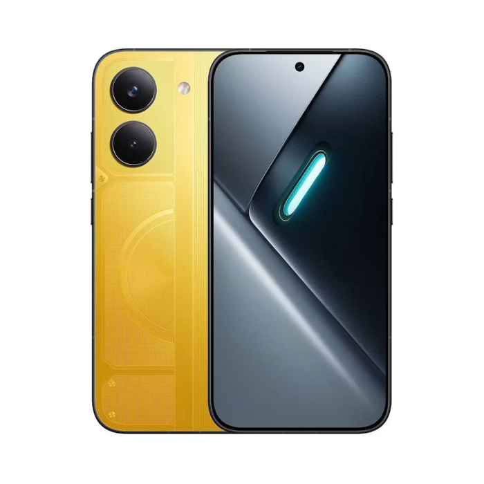 Yellow smartphone with front display and dual rear cameras