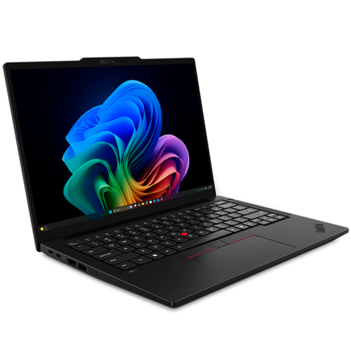 Black ThinkPad laptop angled view with colorful desktop on the screen
