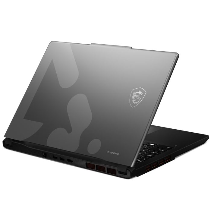 MSI Cyborg gaming laptop closed back view, Platinum Gray lid with shield logo.