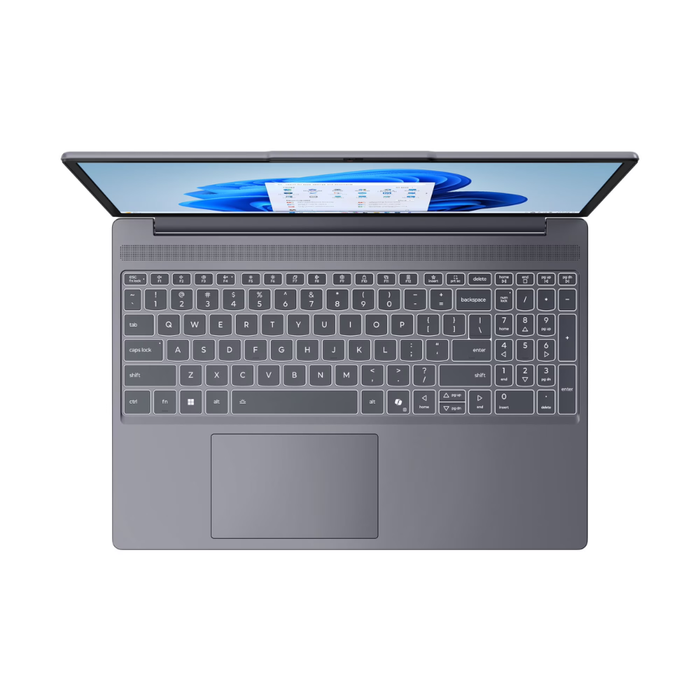 Gray laptop front view with keyboard and touchpad, screen showing Windows desktop