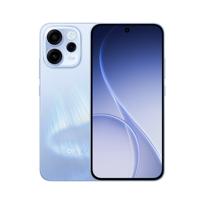 Aurora blue Oppo Reno smartphone, front and back with curved display and quad cameras