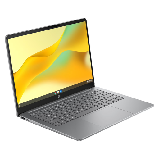 HP Chromebook 14 laptop in Meteor Silver, keyboard visible, angled open view