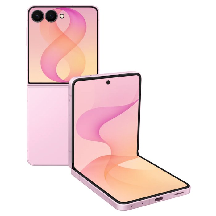 Pink foldable 5G smartphone, open with front screen on display