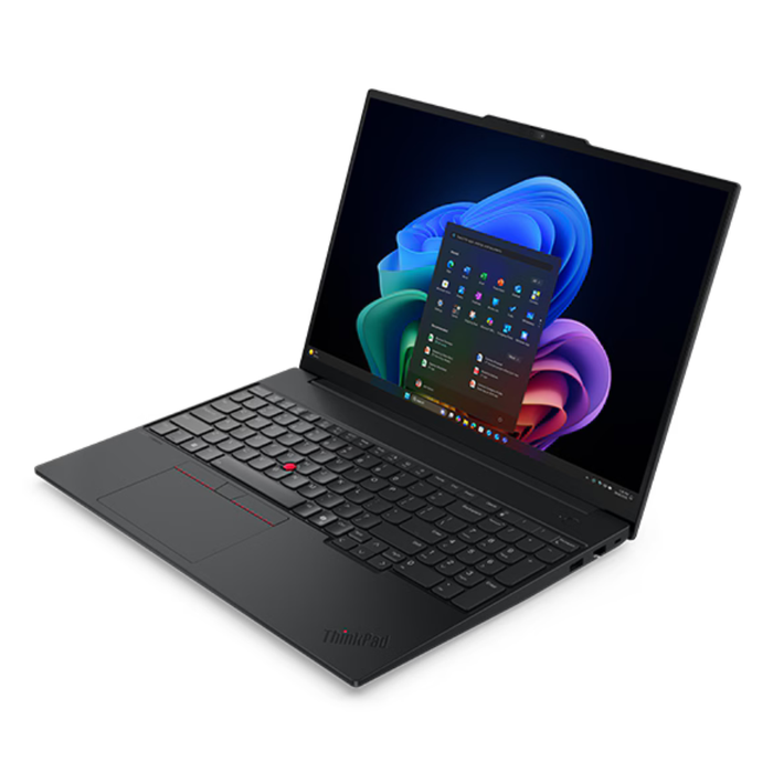 Lenovo ThinkPad E16 laptop open view, black screen and full keyboard layout