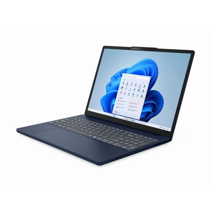 Cosmic Blue 15-inch laptop open in 3/4 view, keyboard and Windows desktop