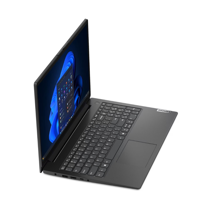 Black open laptop showing keyboard and screen with Windows 11 blue wallpaper