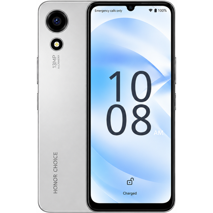 Silver smartphone with front display and dual rear camera module