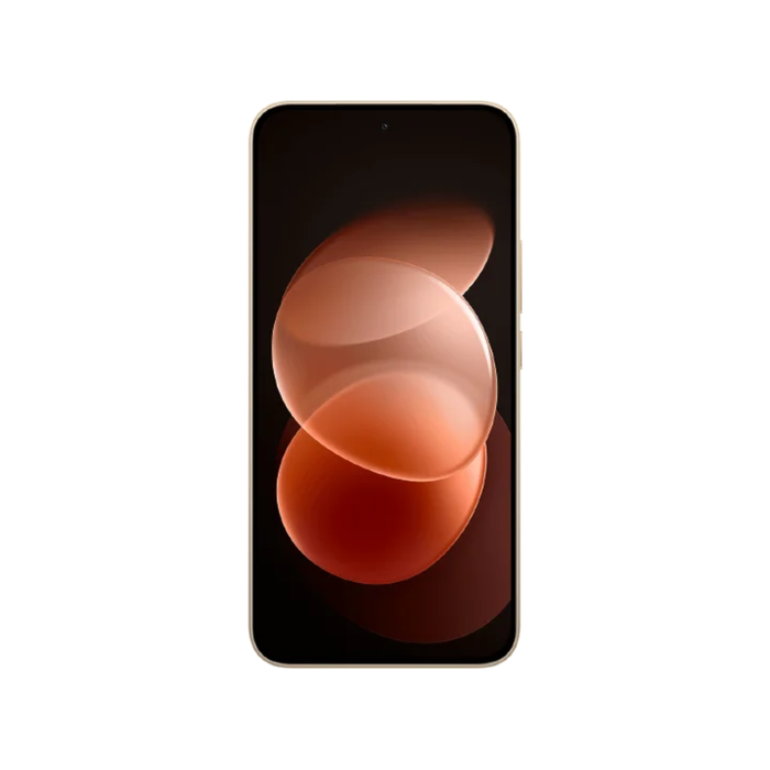 Satin orange smartphone front view with curved display and orange abstract wallpaper