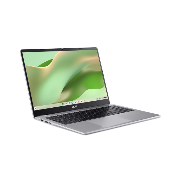 Acer Chromebook 315 laptop angled view, silver base and black keyboard