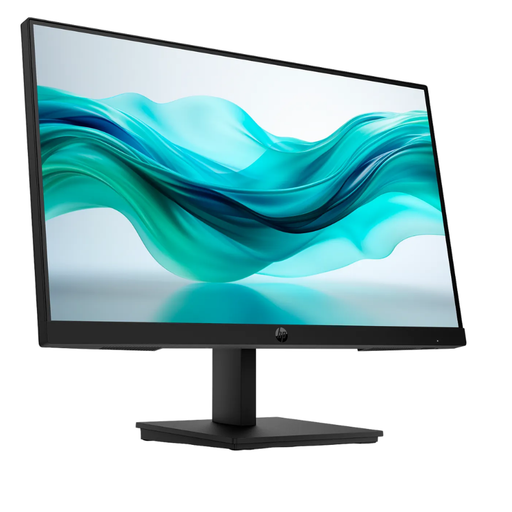 Black 21.5-inch FHD monitor shown at an angle with pedestal stand and blue wave display