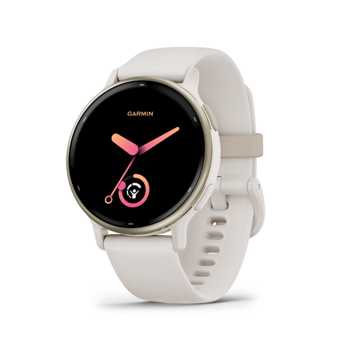 Garmin Vívoactive 5 GPS smartwatch, ivory strap, pink 10:10 dial screen