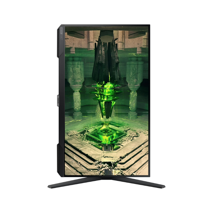 Black gaming monitor with pedestal stand, side view and gaming scene on screen