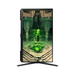 Black gaming monitor with pedestal stand, side view and gaming scene on screen