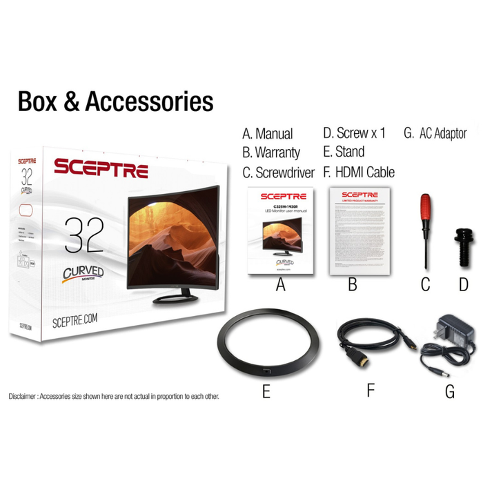 Sceptre monitor box with manual, warranty, stand, cables, and adapter
