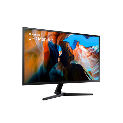 Dark blue gray 31.5-inch monitor with screen showing mountain artwork, angled front view