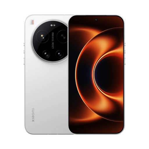 White smartphone with multi-lens camera on back and orange abstract display on front
