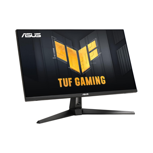 Black gaming monitor front view with TUF Gaming logo screen and wide stand base