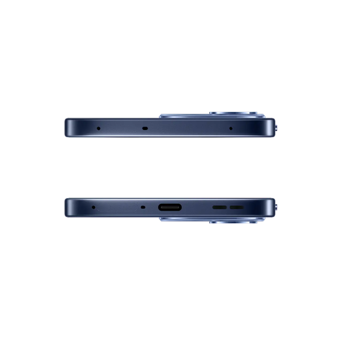 Twilight blue Oppo Reno smartphone side ports view with buttons and speaker openings