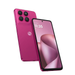 Unlocked smartphone with pink back and front display, quad rear cameras, Motorola logo