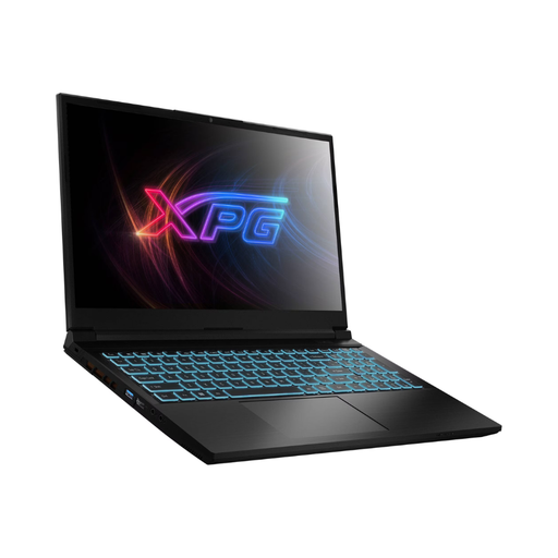 Black gaming laptop angled view with RGB backlit keyboard and XPG logo screen