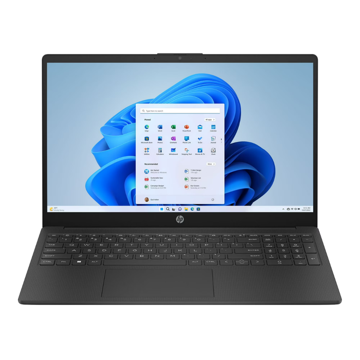 15,6" Laptop in matte schwarz; Tastatur und Touchpad, Windows 11 Menü sichtbar