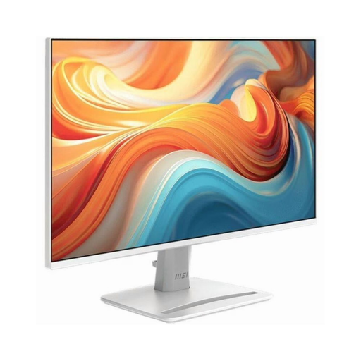 Matte white LED monitor in angled view, slim bezel, colorful abstract screen.