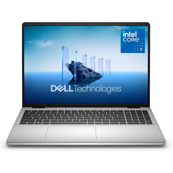 16-inch Dell laptop in platinum silver, front view with keyboard and screen