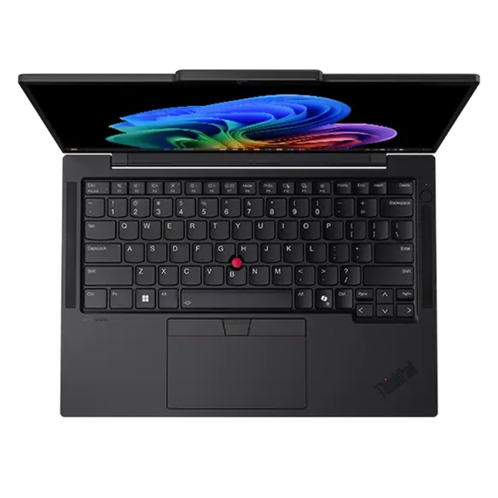 Lenovo ThinkPad T14s laptop in black, front view showing keyboard and large trackpad