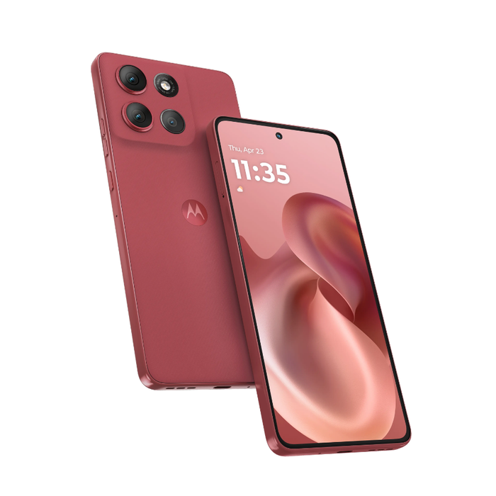 Moto G86 Power 5G smartphone, red back and front with home screen display