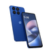 Blue Motorola smartphone front and back view with quad-camera module and display