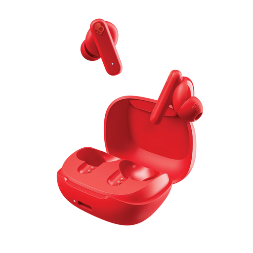 Red true wireless in-ear earbuds with open charging case and two earbuds shown