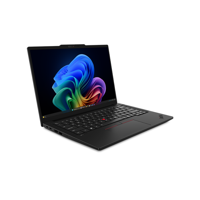 Lenovo ThinkPad T14 laptop open at angle, black chassis, colorful screen