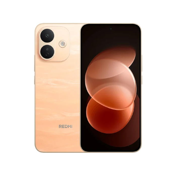 Satin orange smartphone with dual rear cameras and front display showing orange abstract art