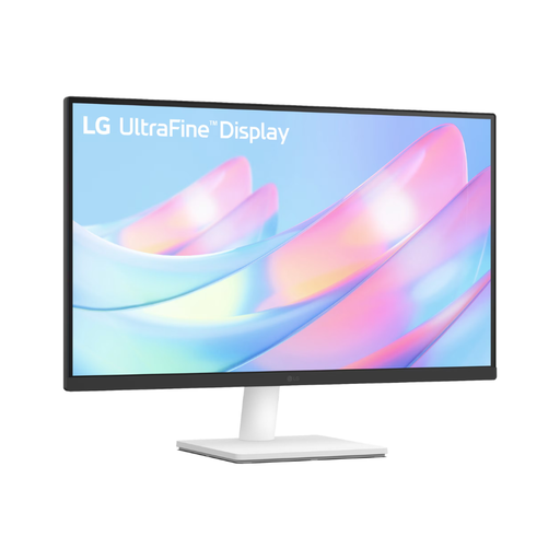 White 27-inch flat-screen monitor on adjustable pedestal stand