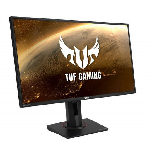 Black gaming monitor angled view with pedestal stand and TUF Gaming logo on display