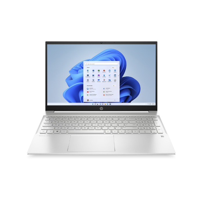 White HP Pavilion 15.6-inch laptop, front view with keyboard and screen on
