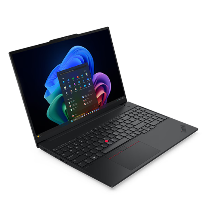Lenovo ThinkPad E16 laptop open at an angle, black keyboard and trackpad