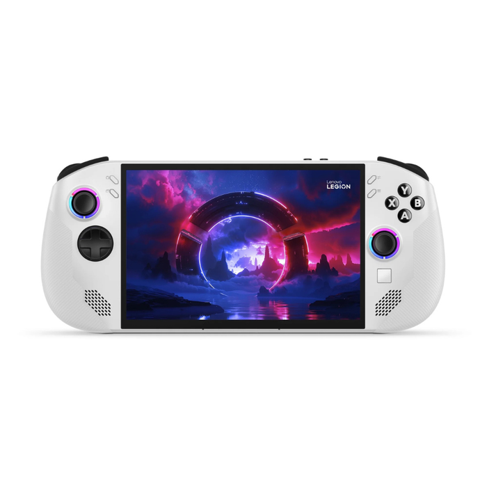 Glacier White Legion Go S handheld touchscreen gaming device, controller grips