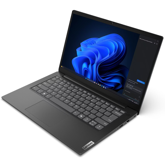 Black Lenovo laptop open, showing keyboard, touchpad, and blue desktop wallpaper