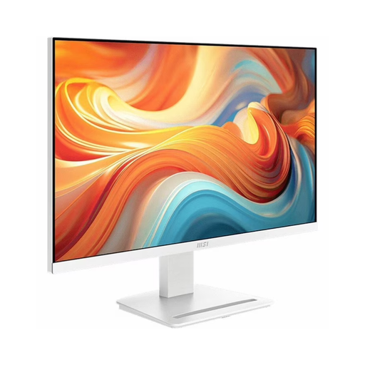 27-inch IPS monitor with matte white base, angled front view showing colorful display