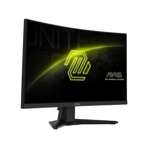 Black MSI gaming monitor, angled view with neon MAG emblem and pedestal stand