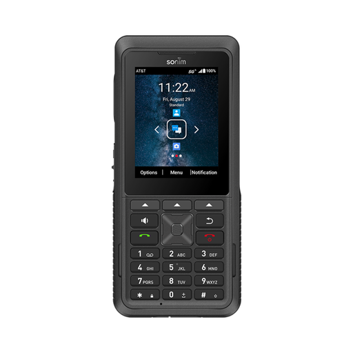Rugged black mobile phone with keypad and touchscreen display